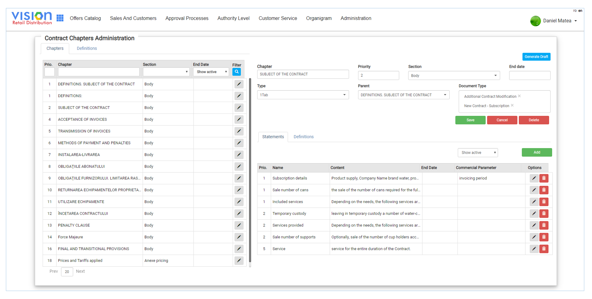 Vision Retail Distribution contract configuration