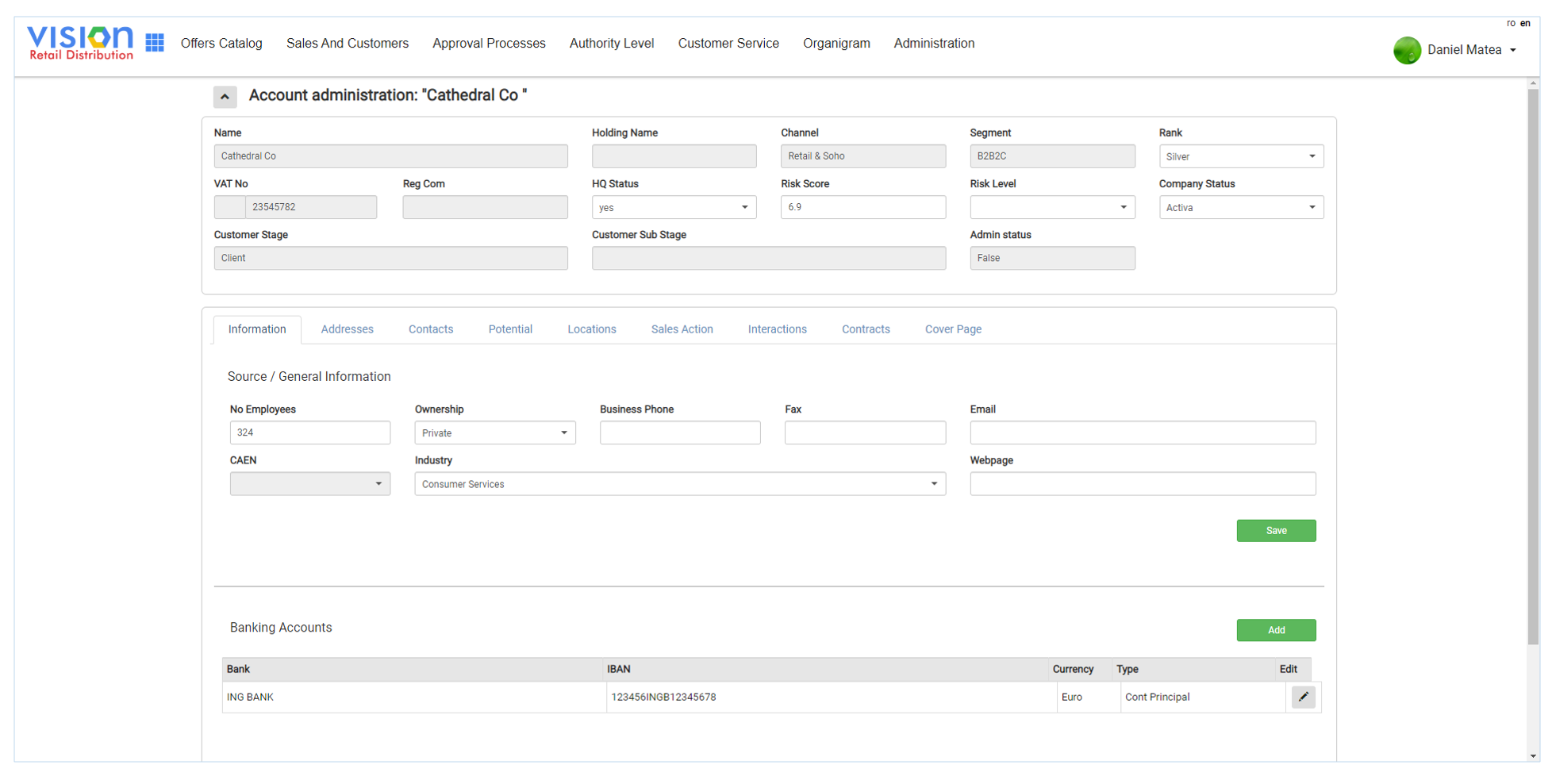 Vision Retail Distribution client single page