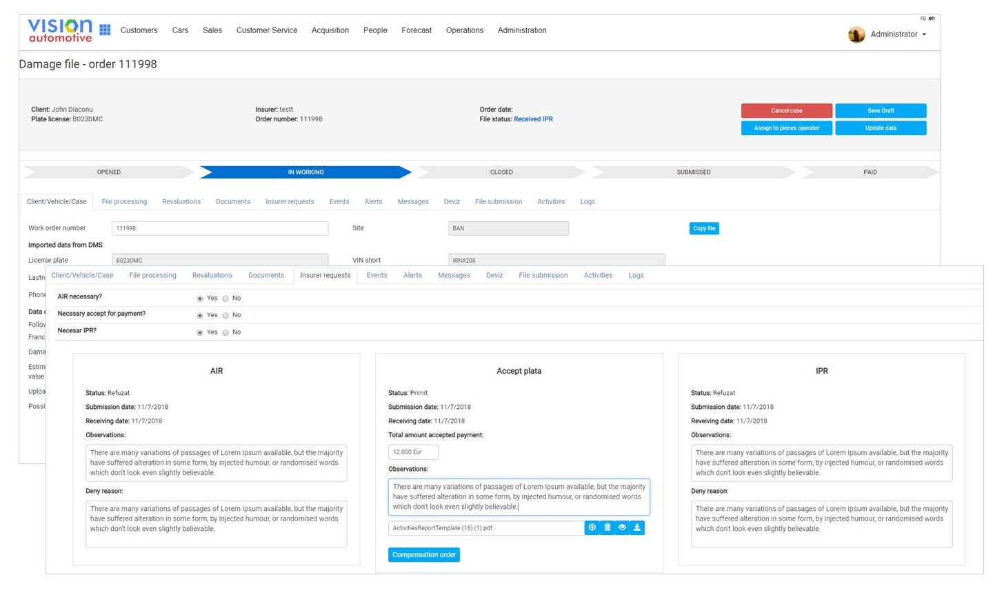 Vision Automotive damage file and insurance claim workflow